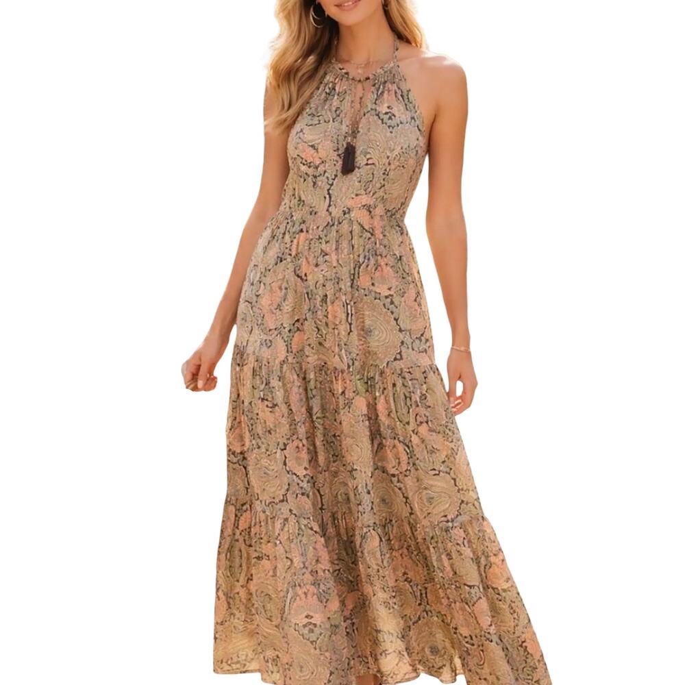 Anthropologie Boemo Women’s Paisley Maxi Dress Tiered Halter Boho Green Medium